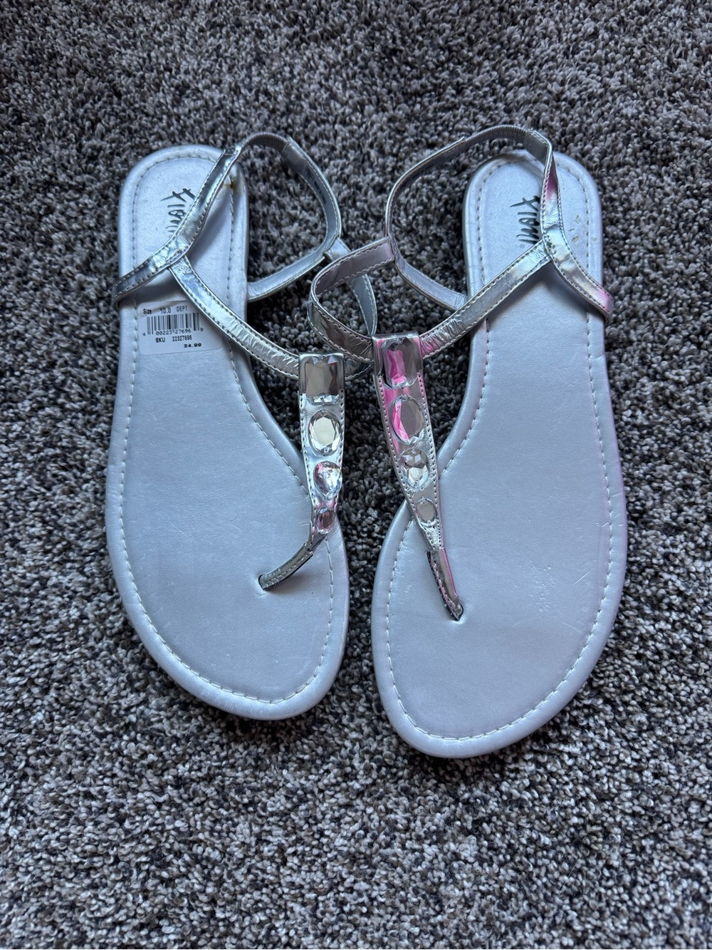 Women's Silver T-Strap Sandals with Gem Accents